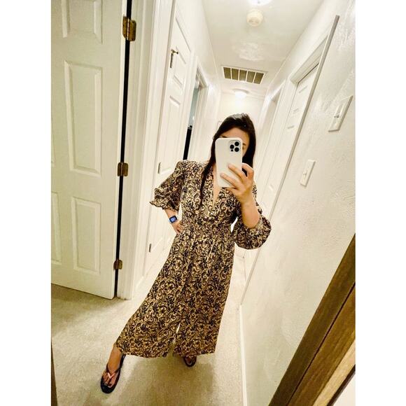 SANDRO Yellow Floral Print Deep V-Neck Airy Puffed Sleeves Midi Dress Size 40 - Picture 12 of 14